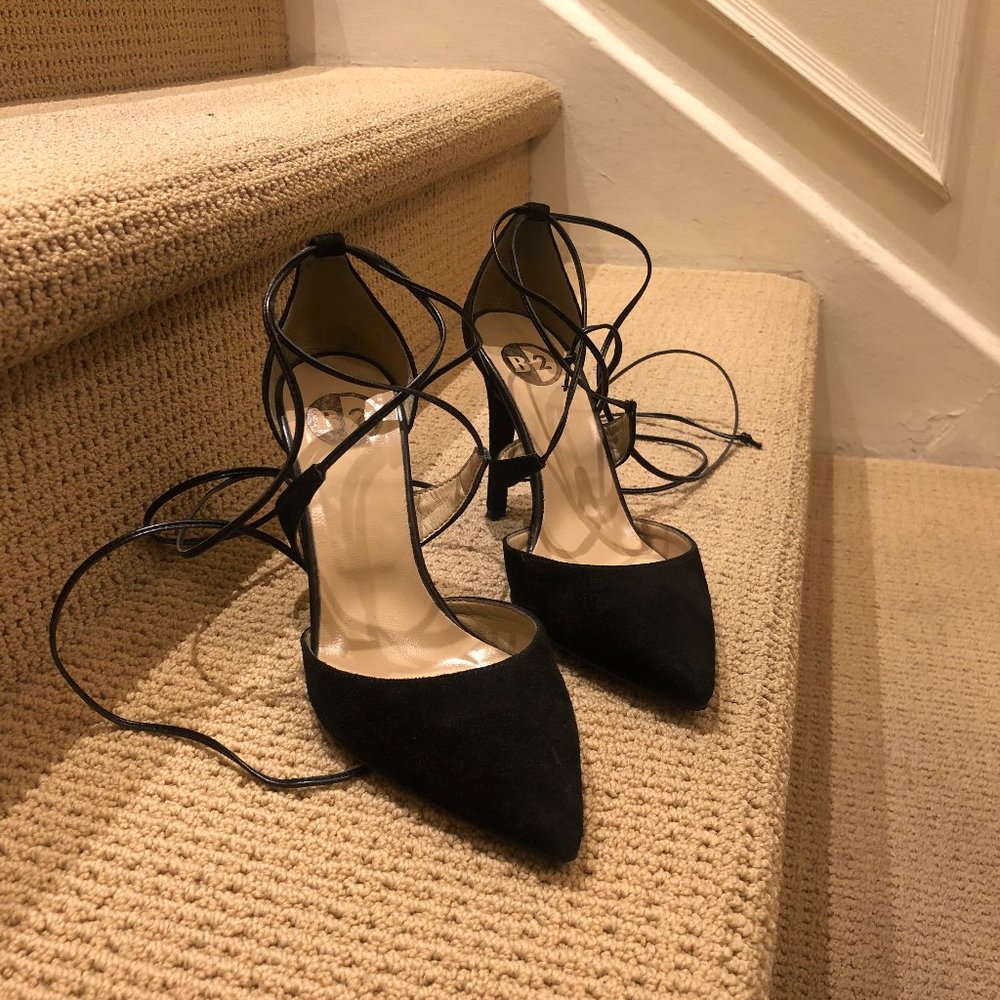B2 Black Suede Pumps with Ankle Ties